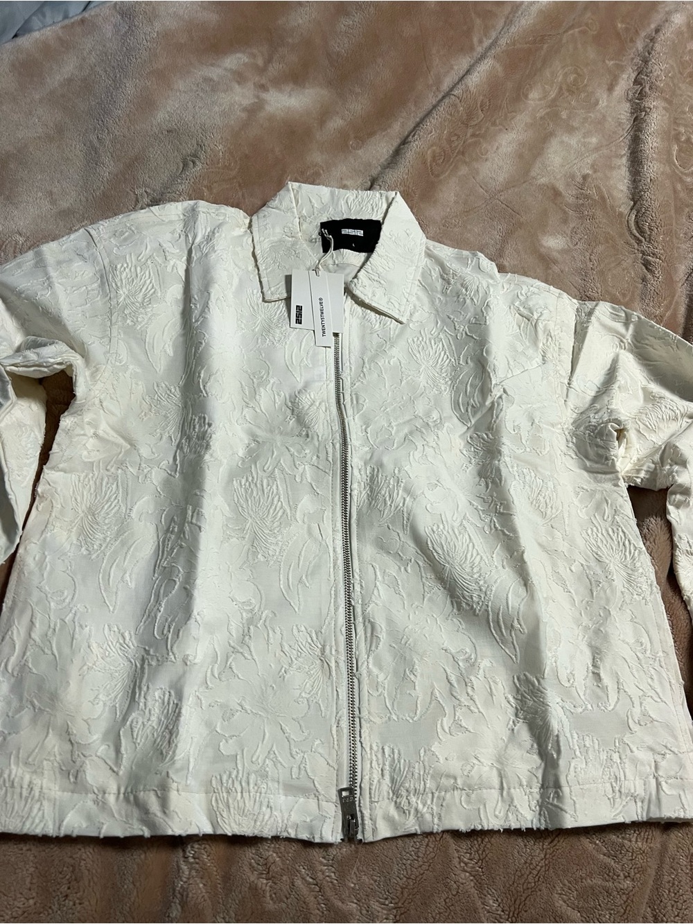 White Textured Floral Zip Jacket